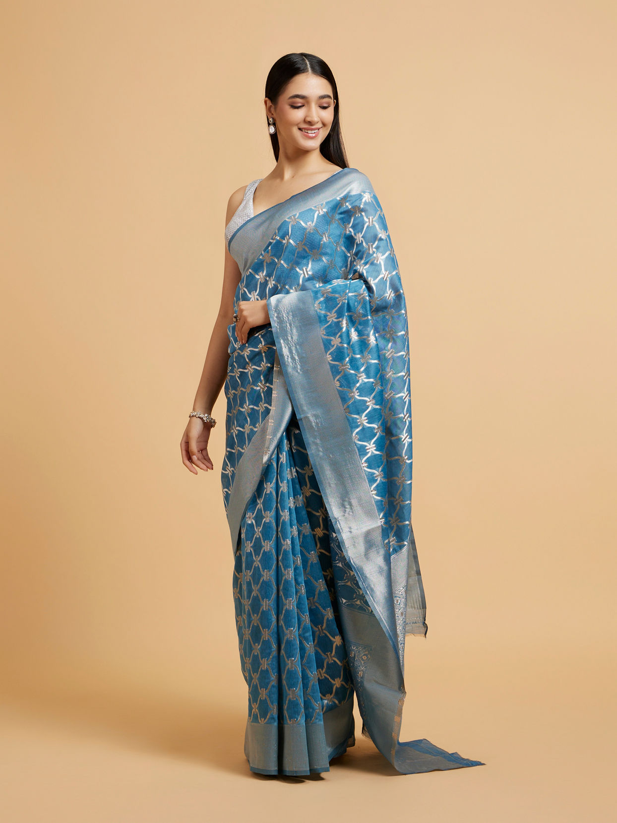 Mohey Women Maya Blue Jaal Patterned Saree with Intricate Borders