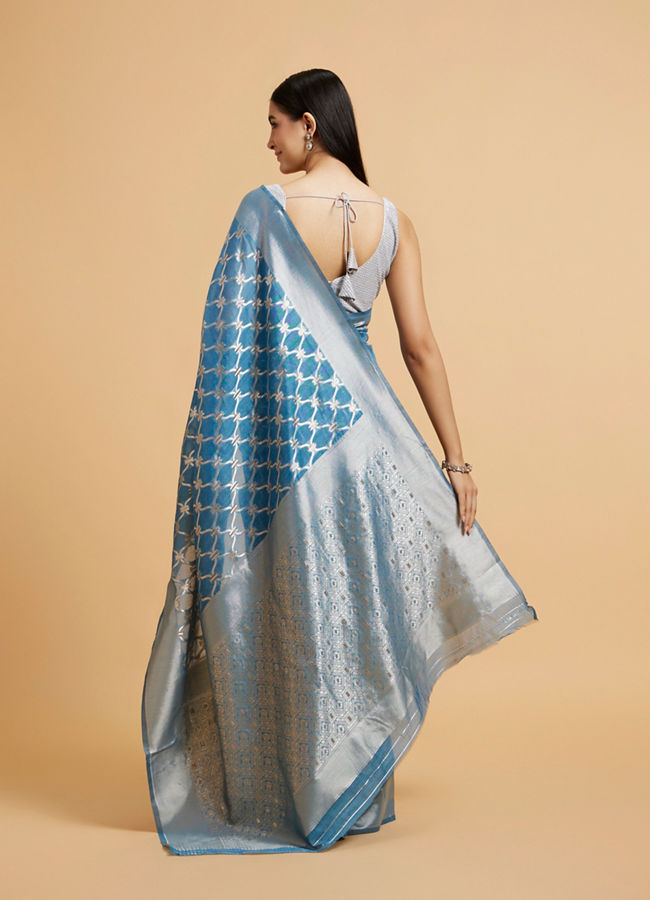 Mohey Women Maya Blue Jaal Patterned Saree with Intricate Borders