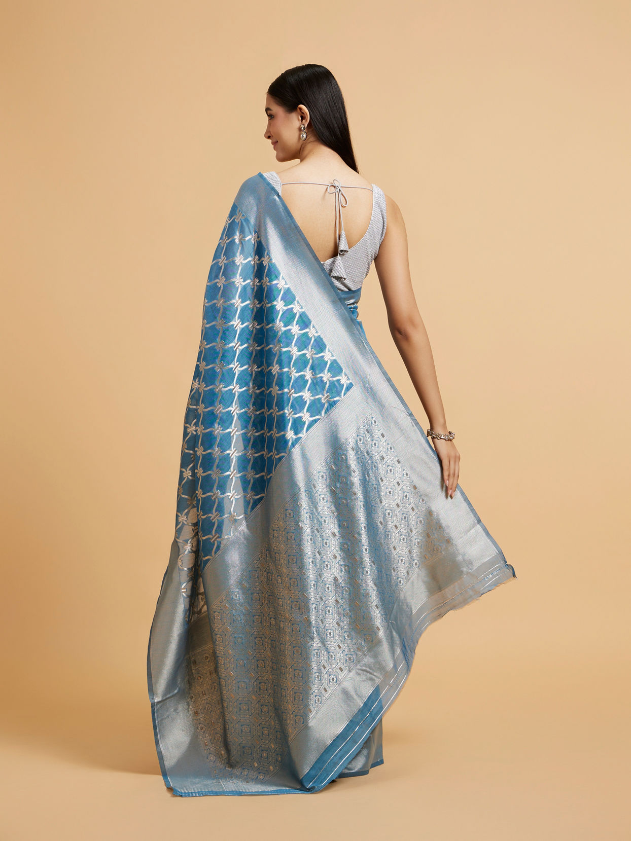 Mohey Women Maya Blue Jaal Patterned Saree with Intricate Borders