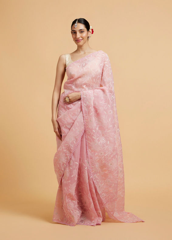 Mohey Women Baby Pink Floral Vine Embroidered Saree