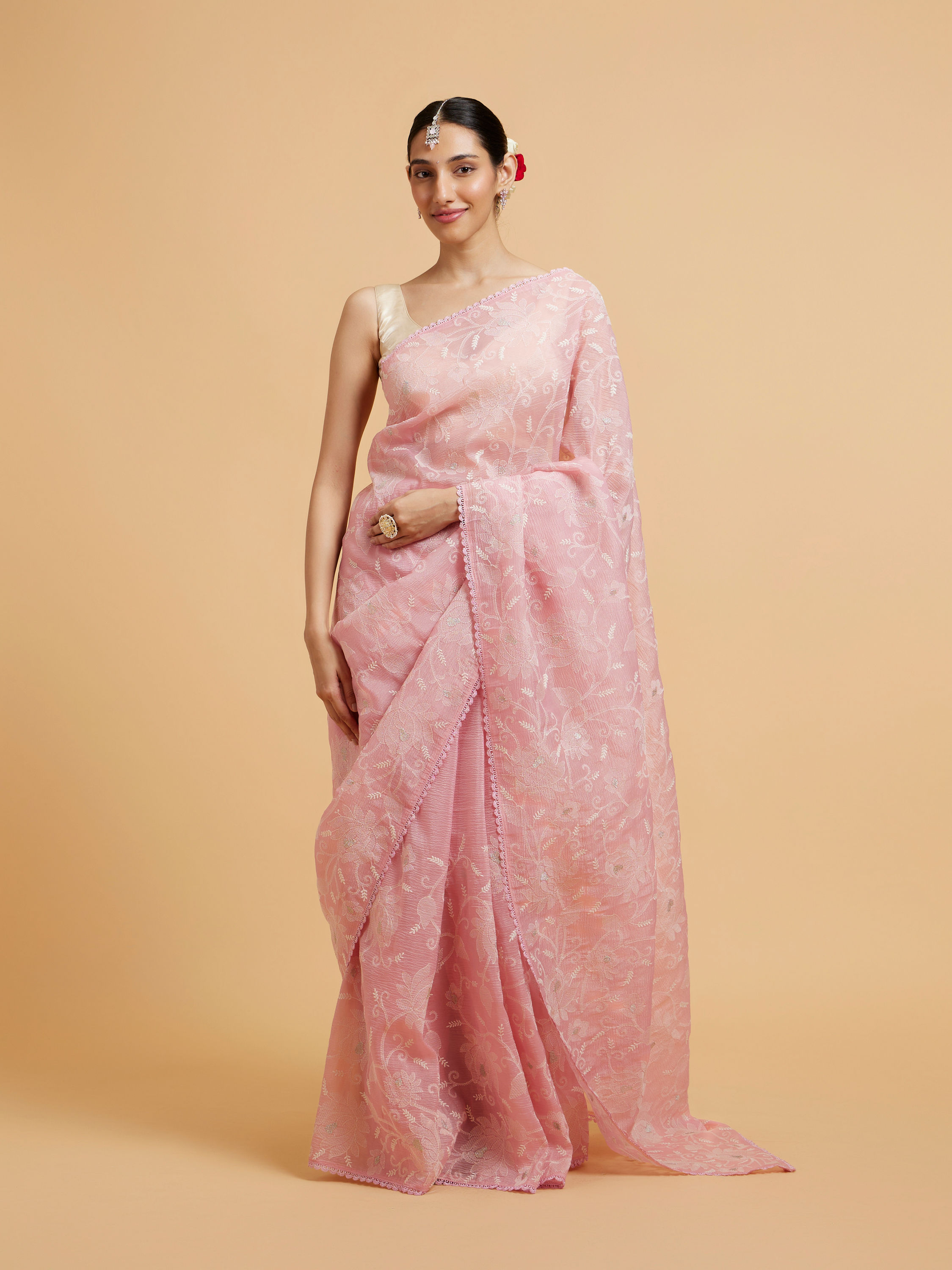 Mohey Women Baby Pink Floral Vine Embroidered Saree