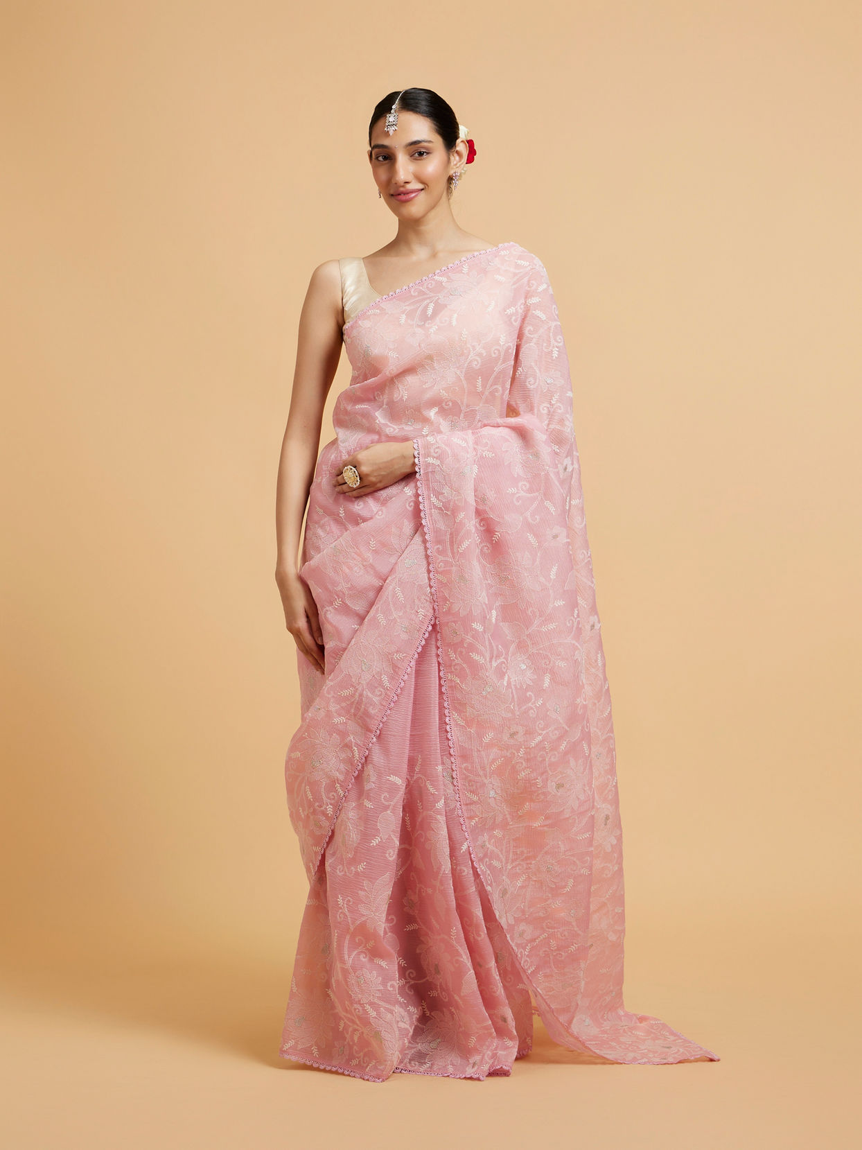 Mohey Women Baby Pink Floral Vine Embroidered Saree image number 0