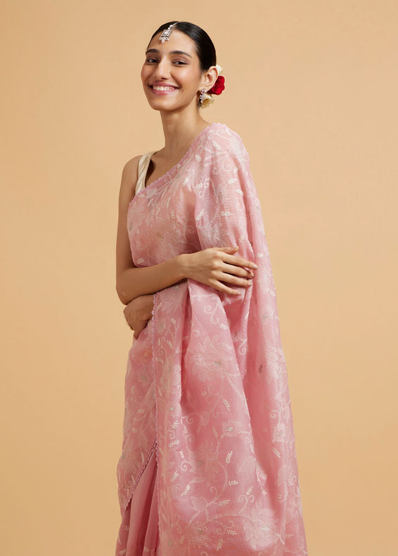 Mohey Women Baby Pink Floral Vine Embroidered Saree