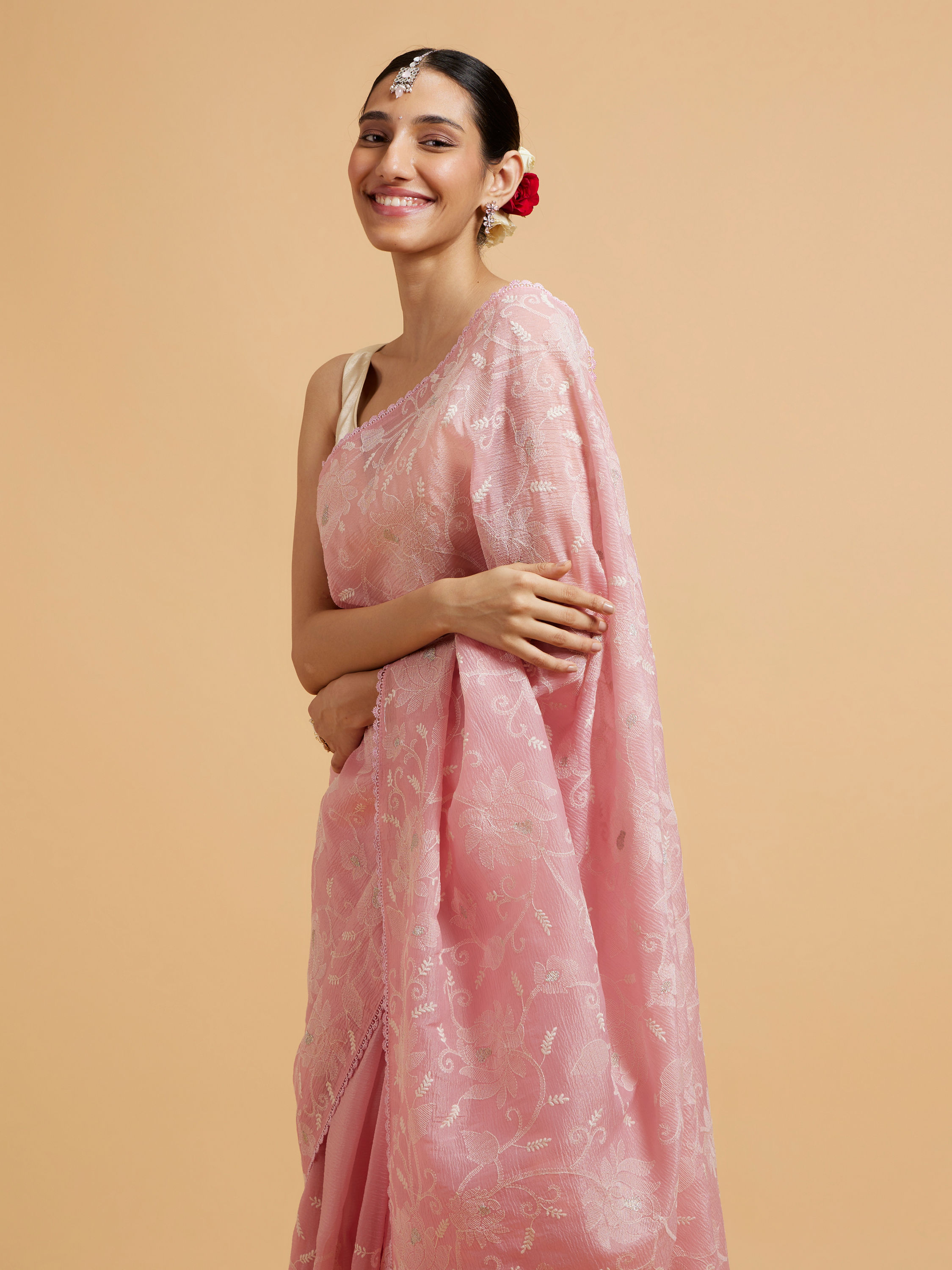 Mohey Women Baby Pink Floral Vine Embroidered Saree