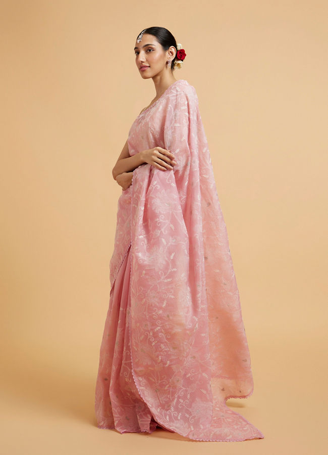 Mohey Women Baby Pink Floral Vine Embroidered Saree
