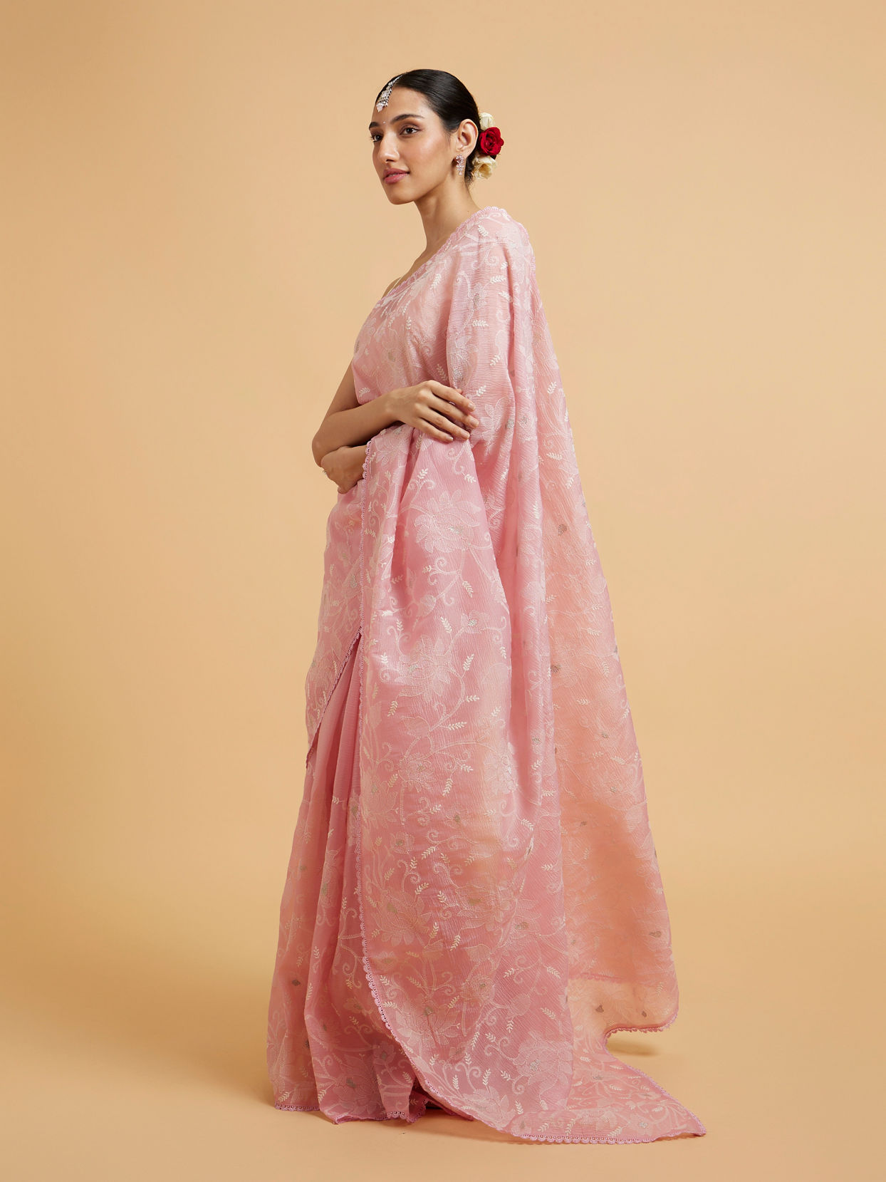 Mohey Women Baby Pink Floral Vine Embroidered Saree