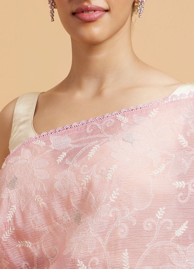 Mohey Women Baby Pink Floral Vine Embroidered Saree