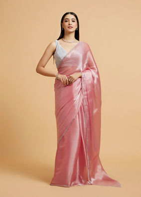 Mohey Women Rose Pink Sequin Embellished Saree with Rhinestone Border image number 0