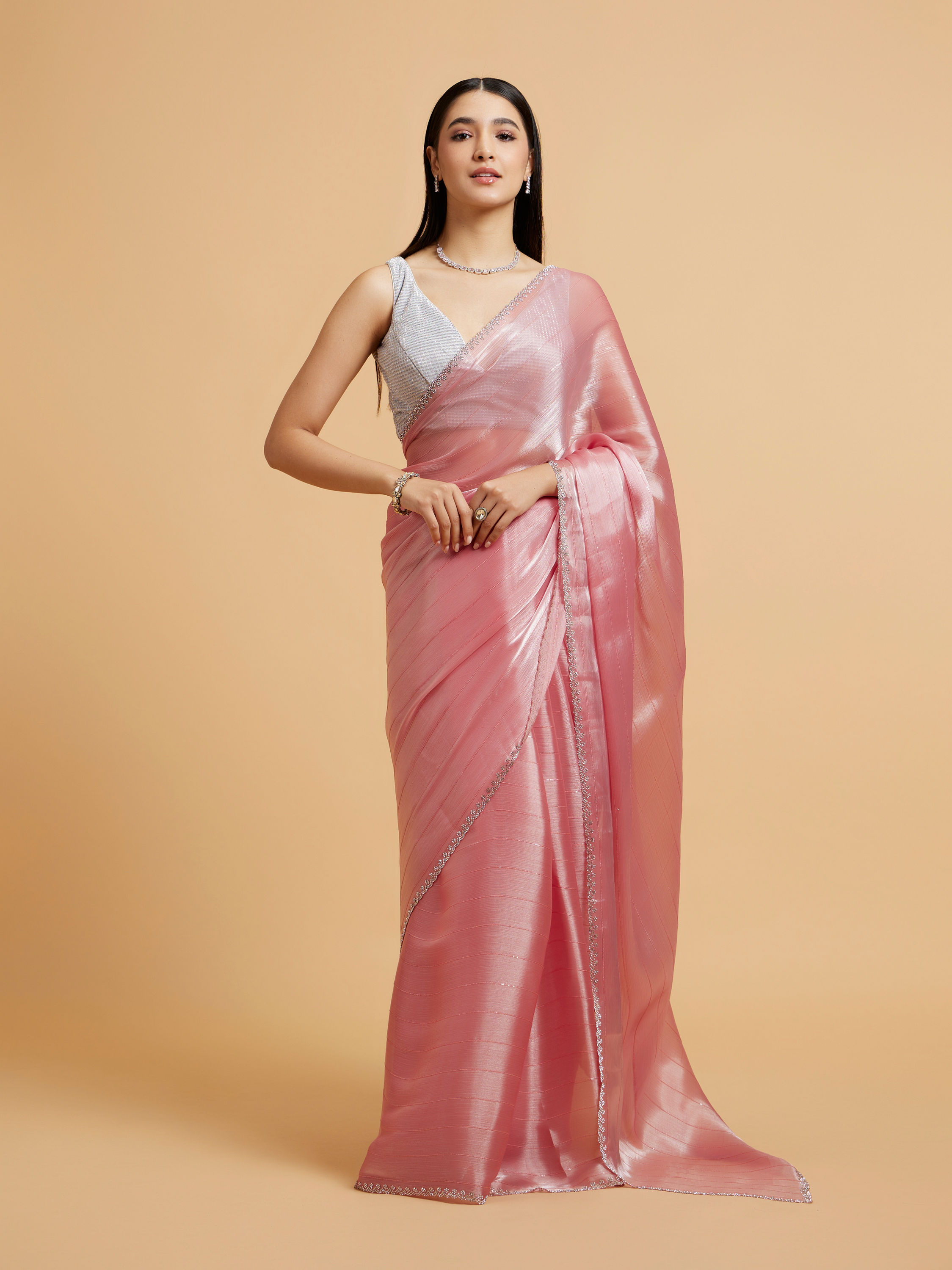 Mohey Women Rose Pink Sequin Embellished Saree with Rhinestone Border