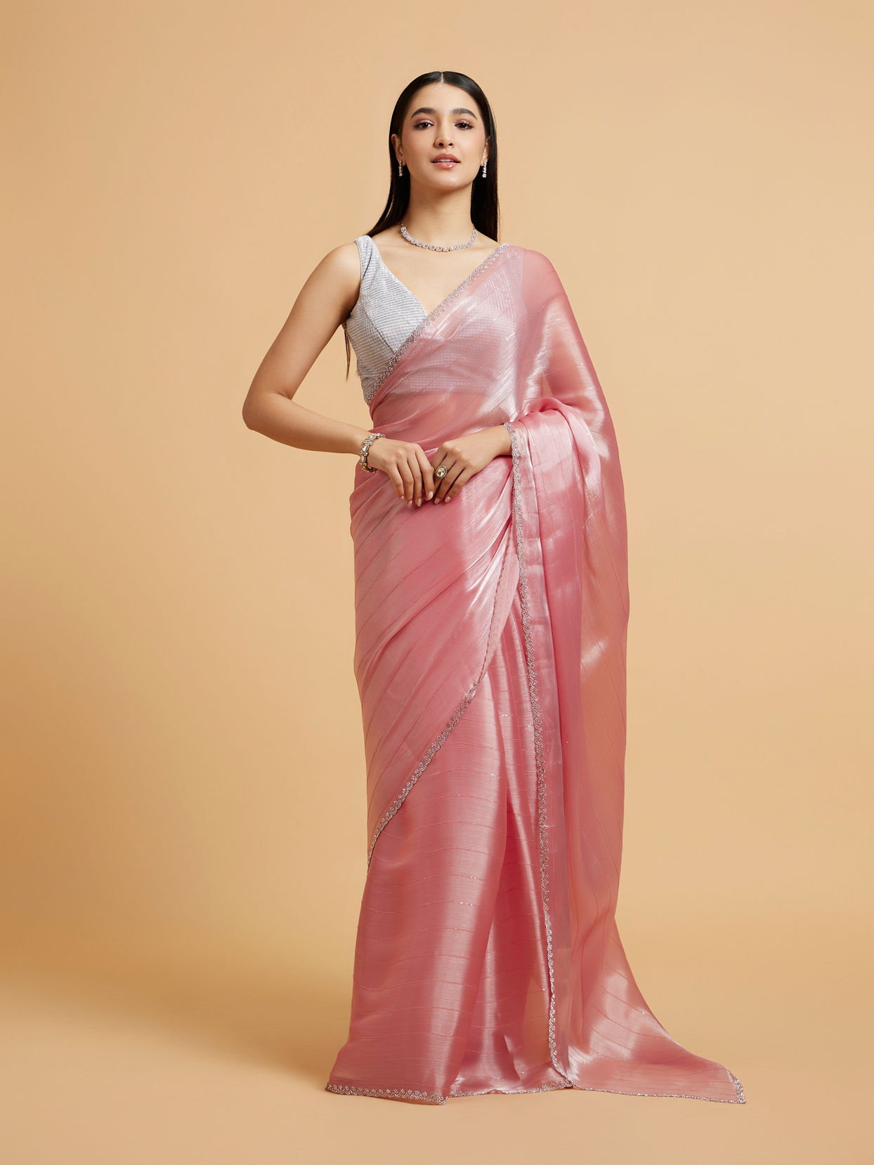 Mohey Women Rose Pink Sequin Embellished Saree with Rhinestone Border image number 0