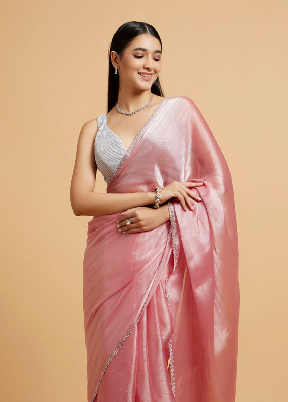 Mohey Women Rose Pink Sequin Embellished Saree with Rhinestone Border