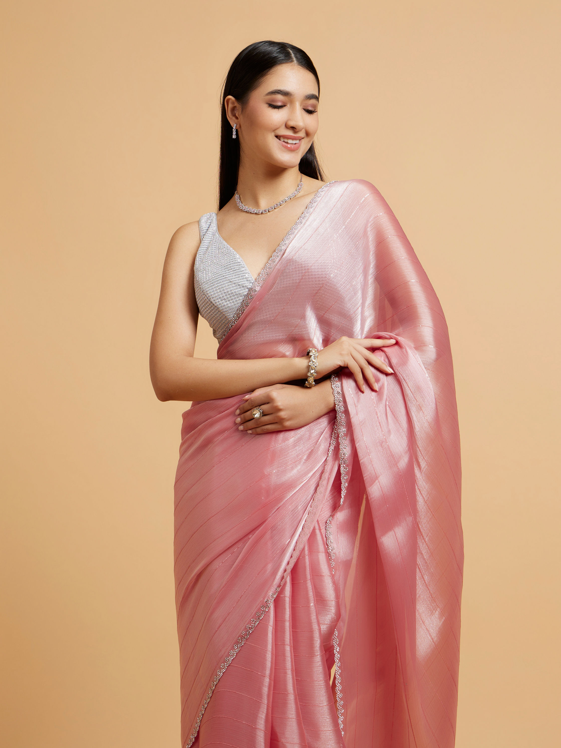 Mohey Women Rose Pink Sequin Embellished Saree with Rhinestone Border