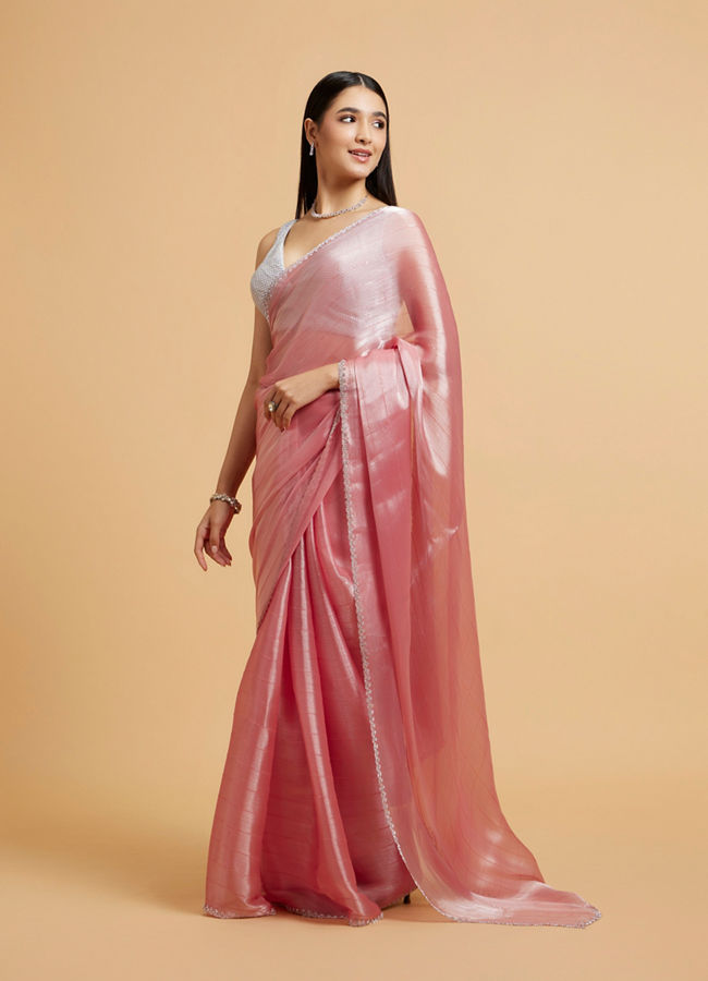 Mohey Women Rose Pink Sequin Embellished Saree with Rhinestone Border