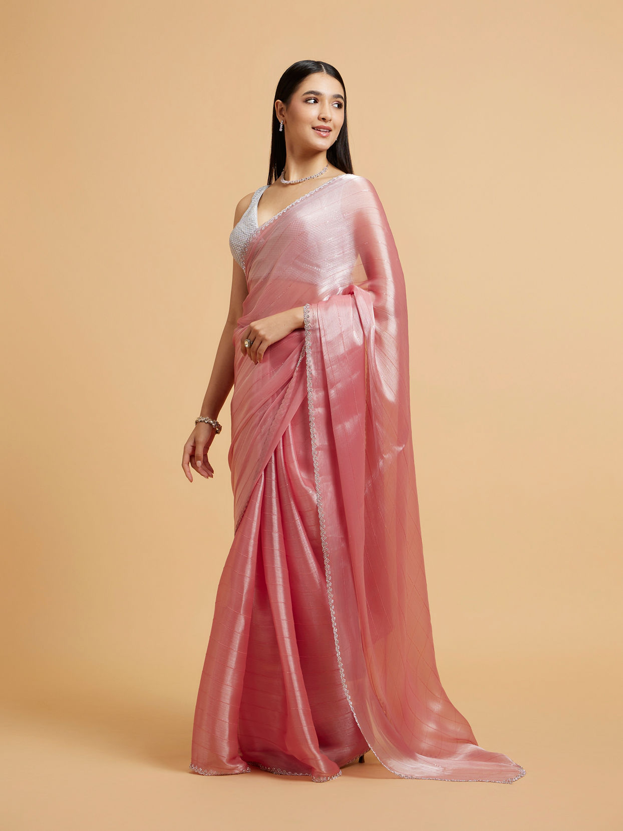 Mohey Women Rose Pink Sequin Embellished Saree with Rhinestone Border