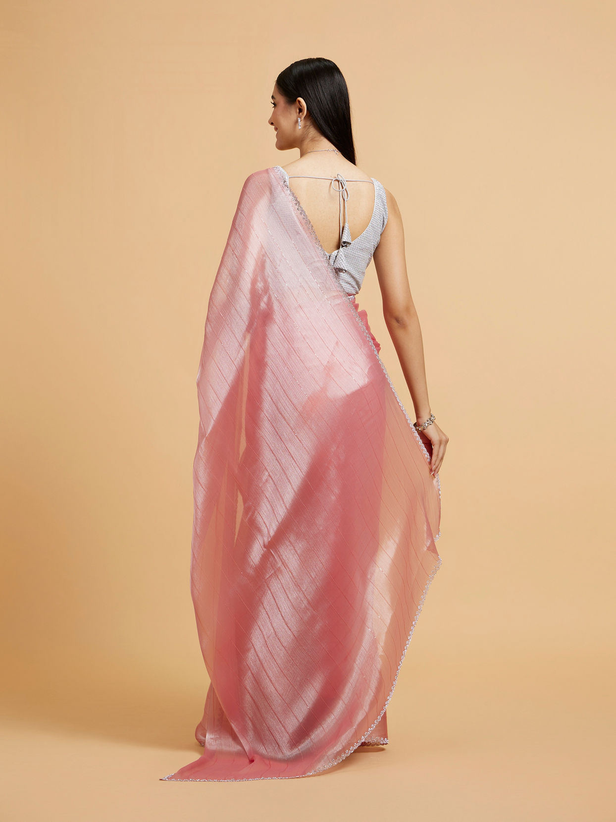 Mohey Women Rose Pink Sequin Embellished Saree with Rhinestone Border