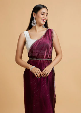 Mohey Women Wine Red Sequin Embellished Saree with Rhinestone Border image number 1