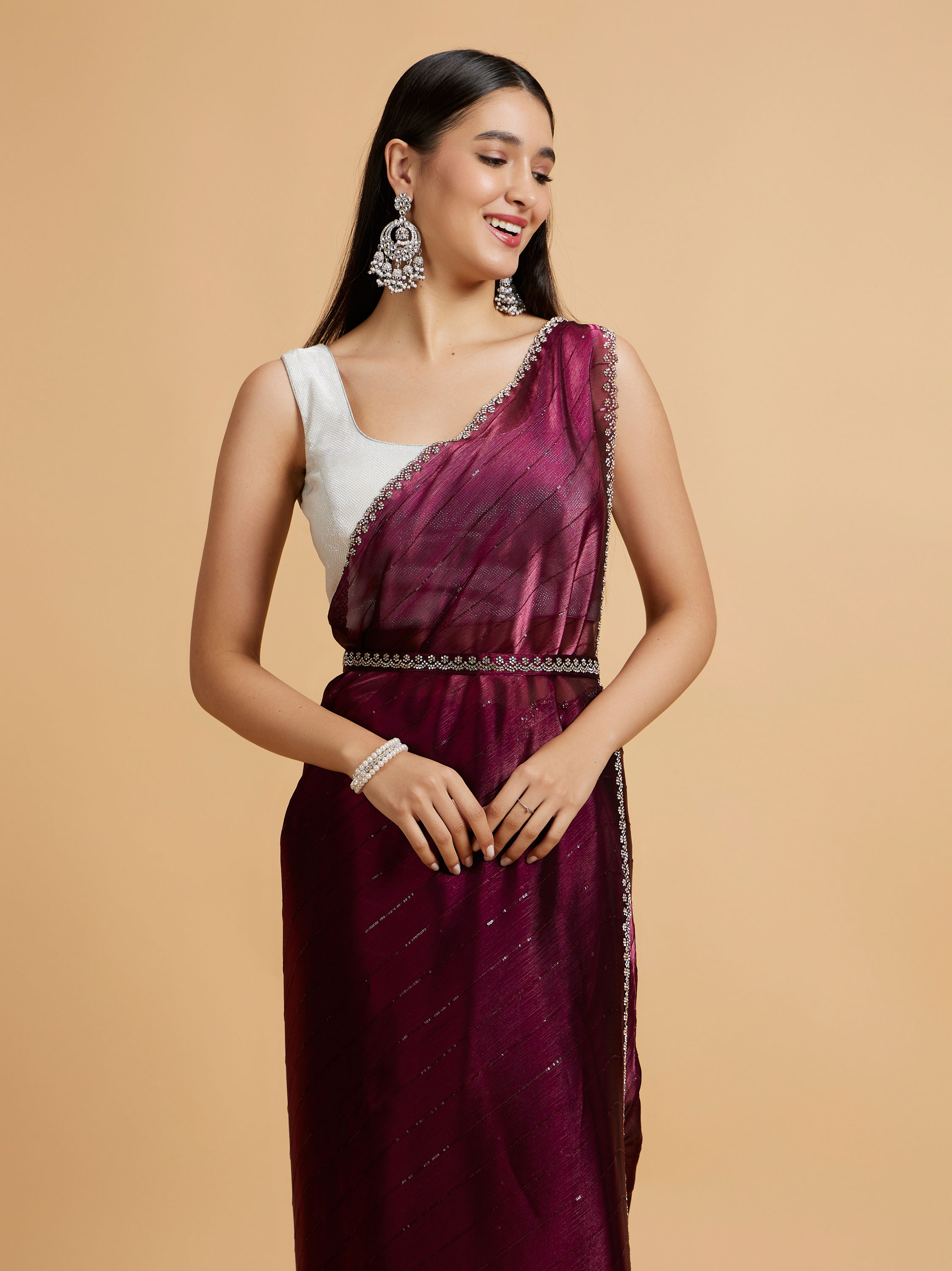 Mohey Women Wine Red Sequin Embellished Saree with Rhinestone Border