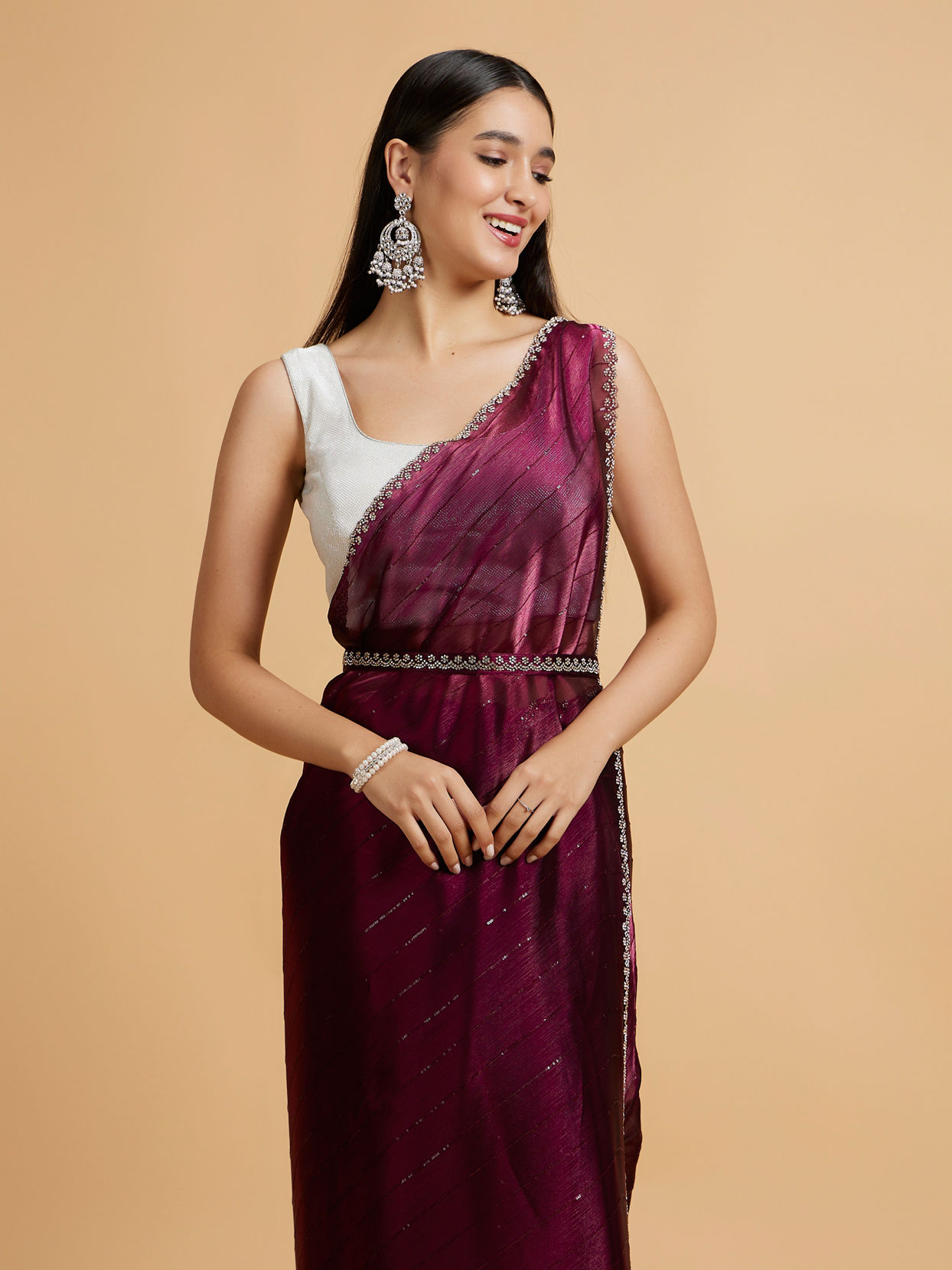 Mohey Women Wine Red Sequin Embellished Saree with Rhinestone Border image number 1