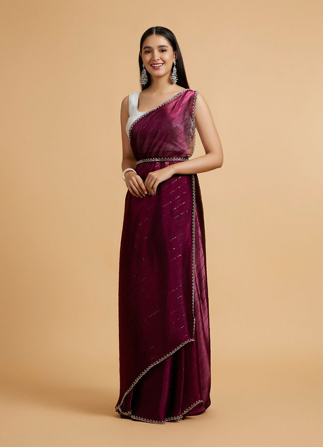 Mohey Women Wine Red Sequin Embellished Saree with Rhinestone Border image number 2