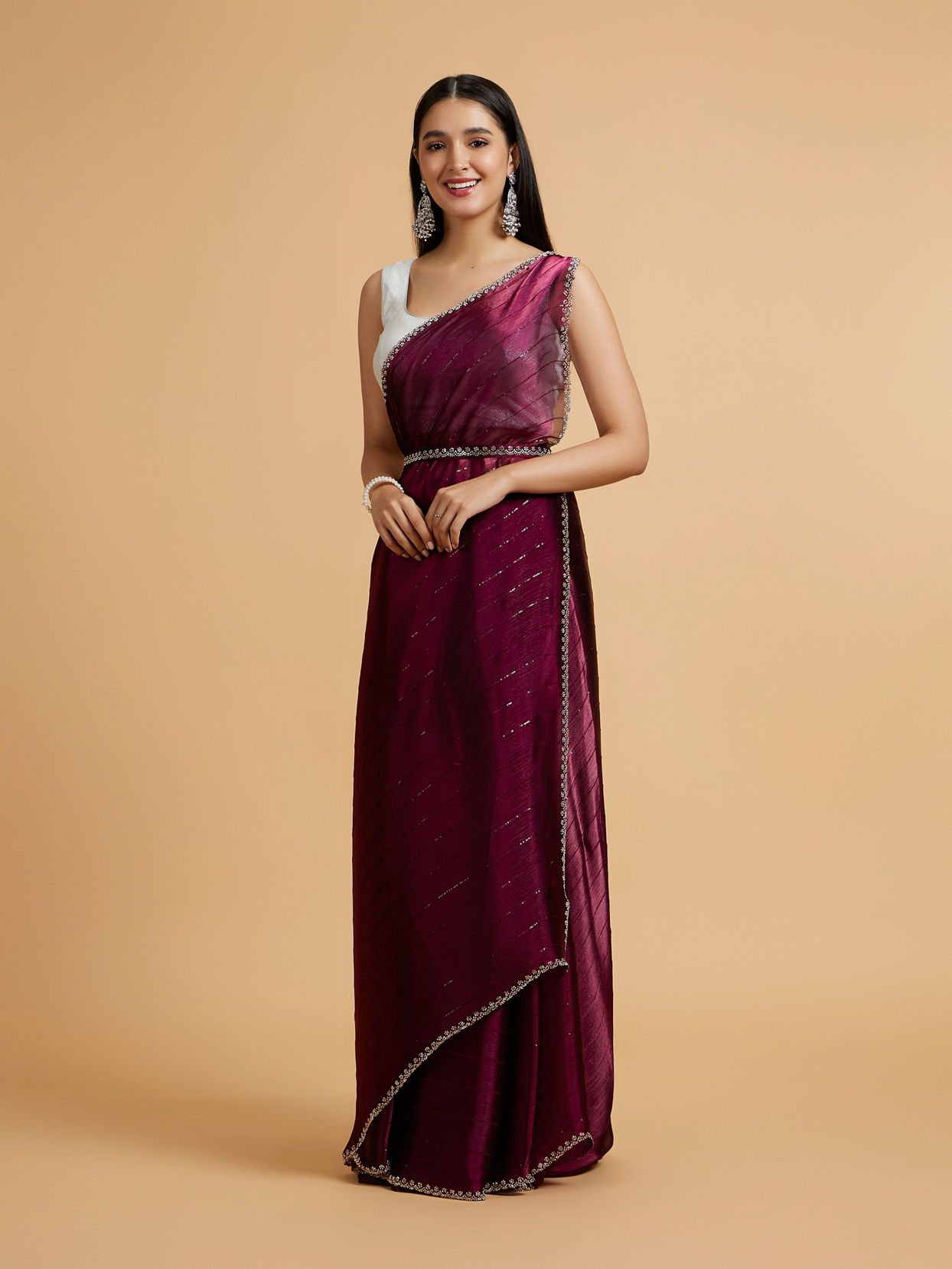 Mohey Women Wine Red Sequin Embellished Saree with Rhinestone Border image number 2