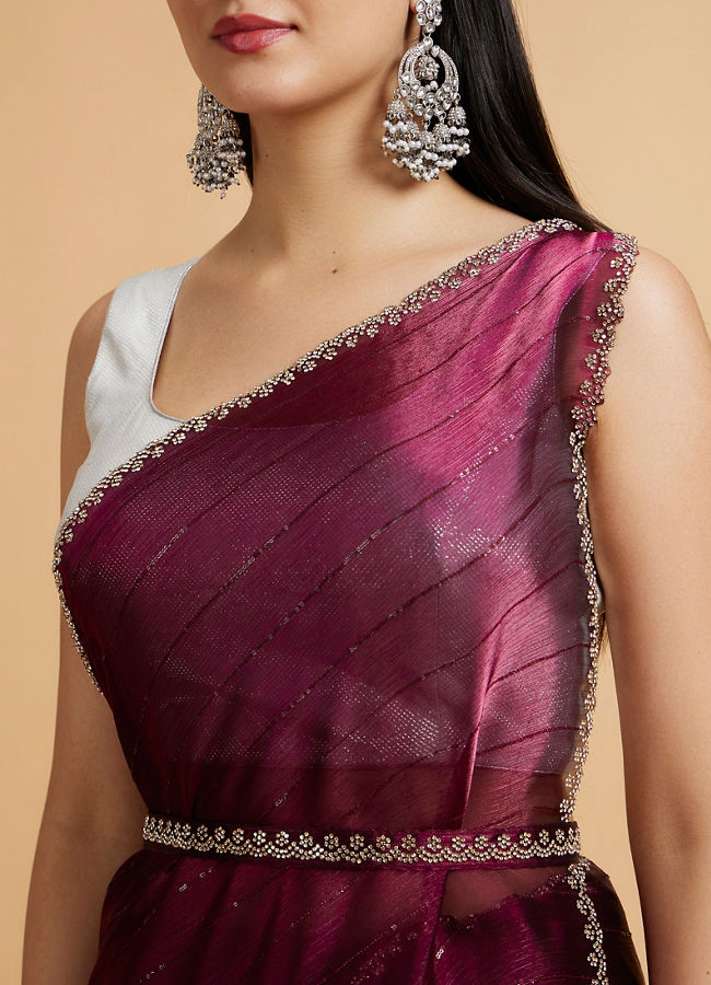 Mohey Women Wine Red Sequin Embellished Saree with Rhinestone Border