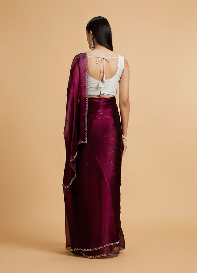 Mohey Women Wine Red Sequin Embellished Saree with Rhinestone Border