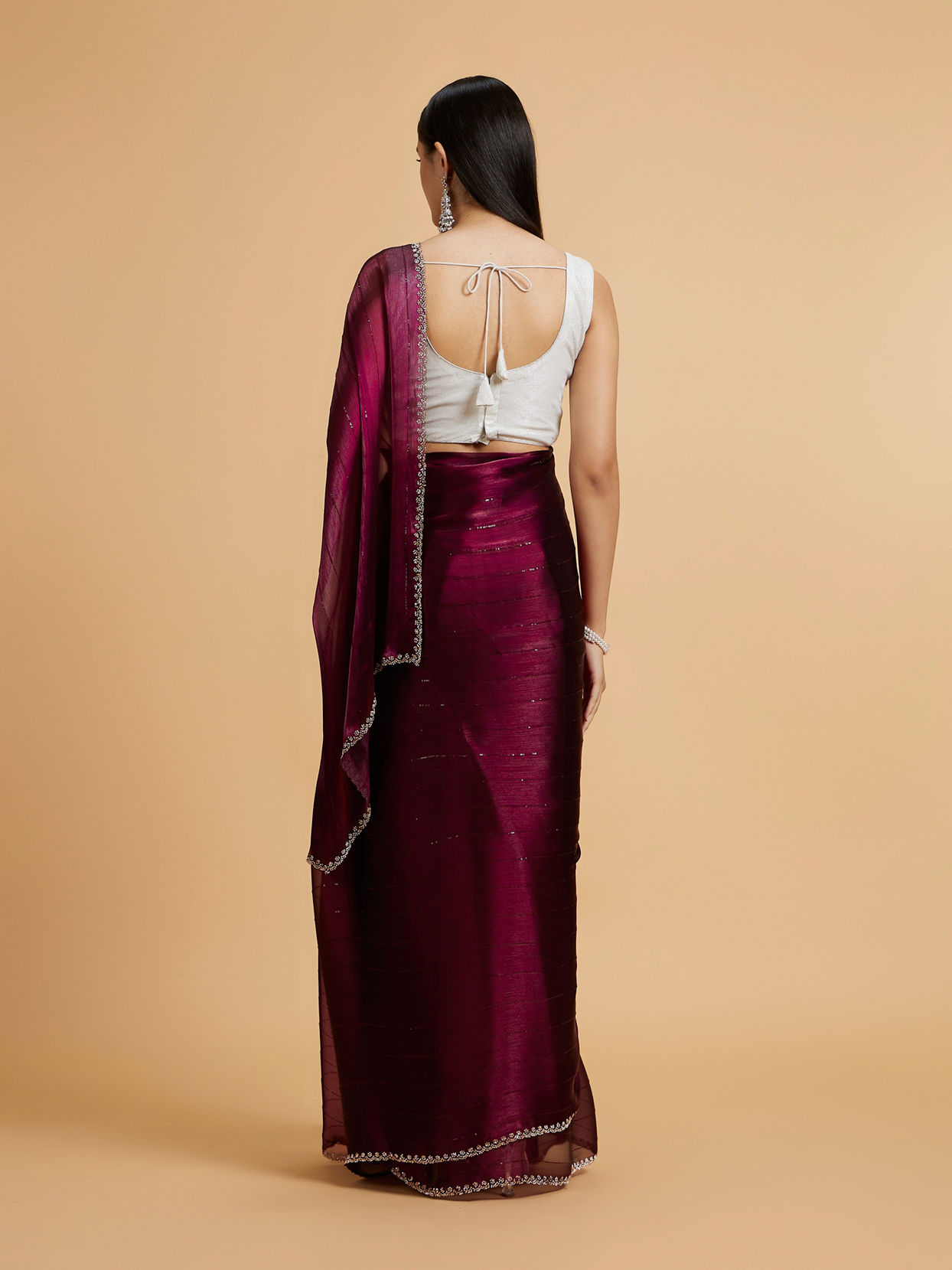 Mohey Women Wine Red Sequin Embellished Saree with Rhinestone Border