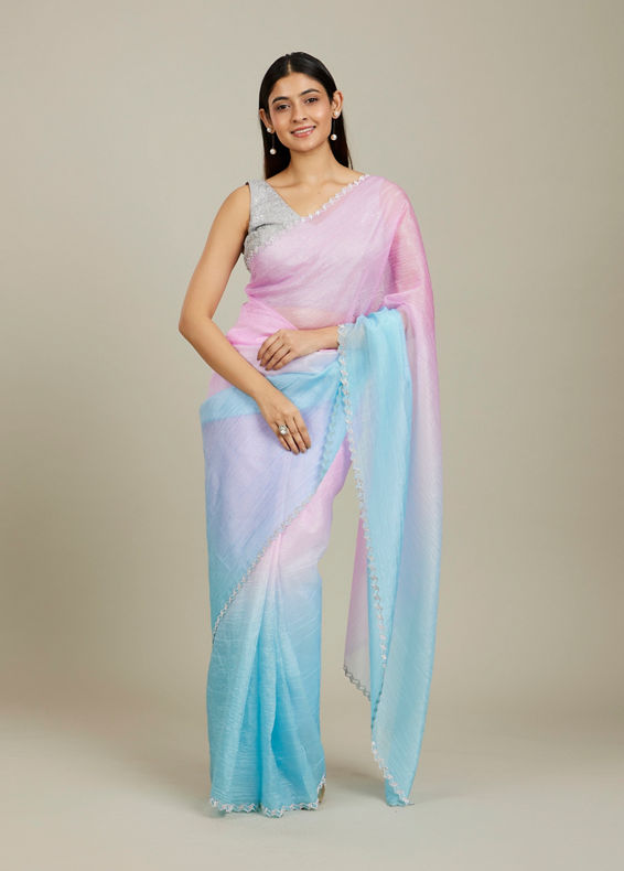 Mohey Women Enchanting Blue-Pink Organza Saree