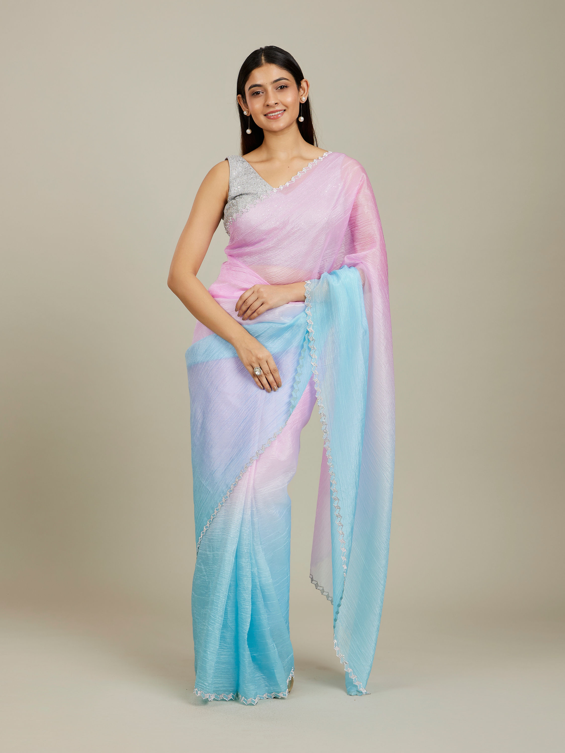 Mohey Women Enchanting Blue-Pink Organza Saree