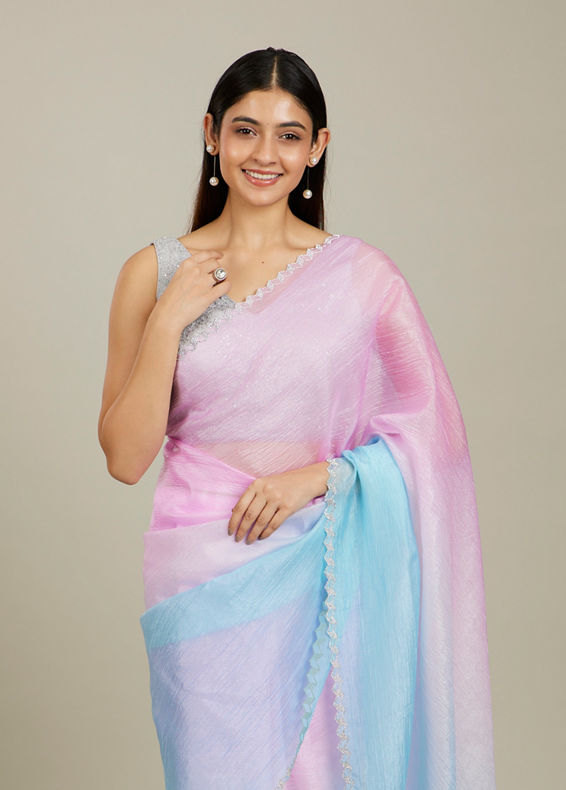 Mohey Women Enchanting Blue-Pink Organza Saree