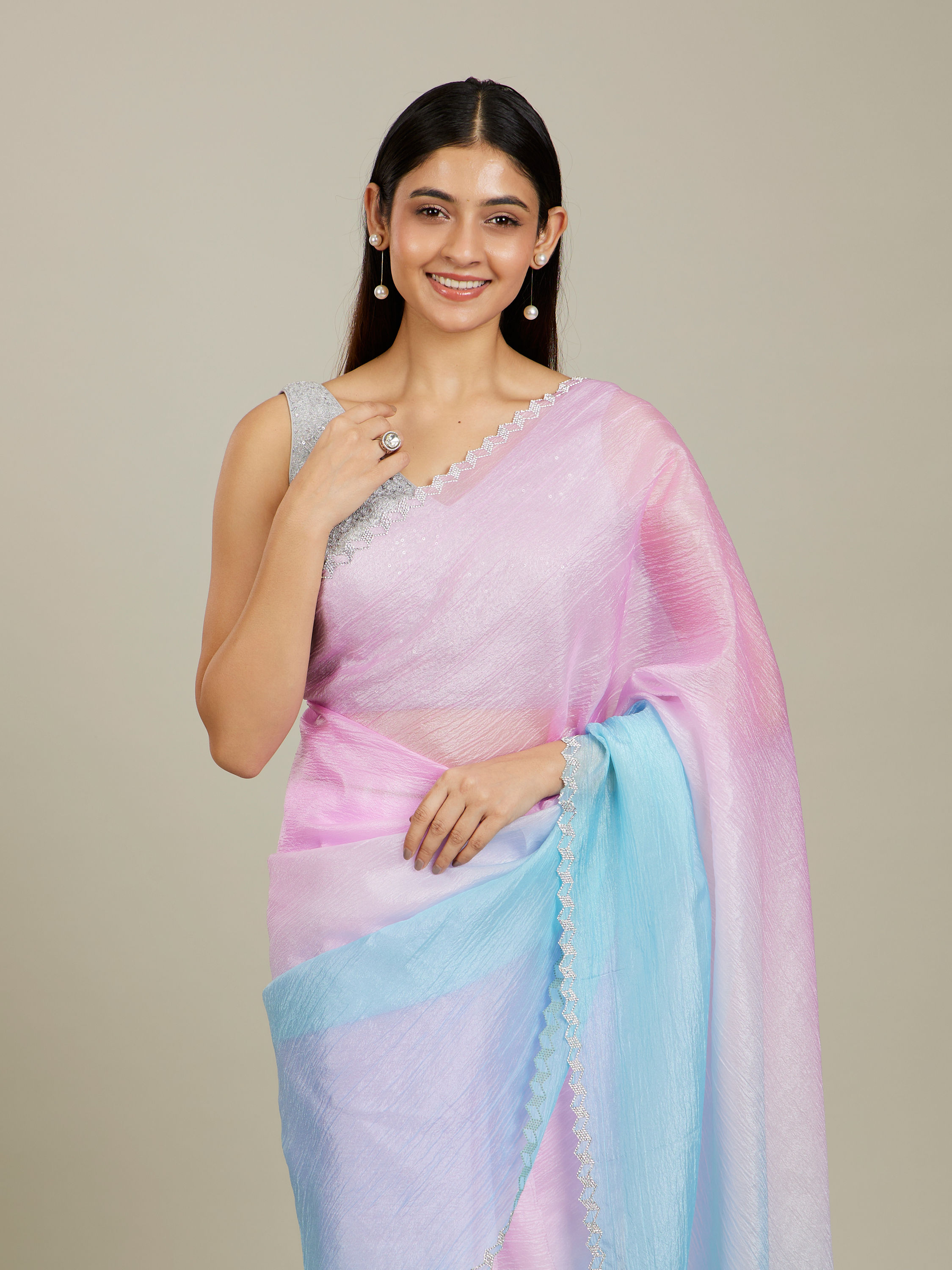 Mohey Women Enchanting Blue-Pink Organza Saree