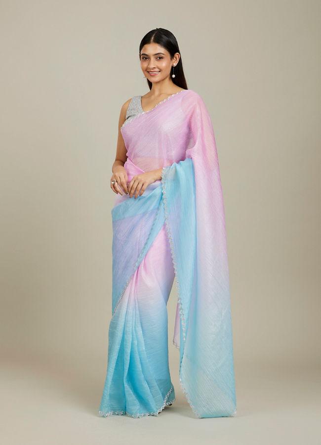 Mohey Women Enchanting Blue-Pink Organza Saree