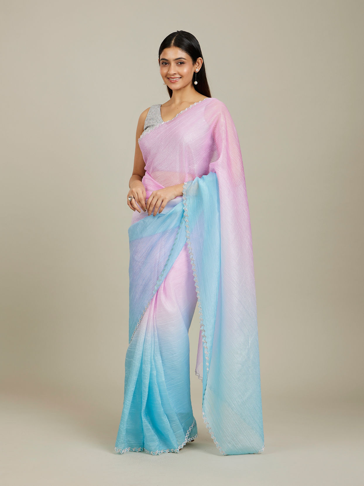 Mohey Women Enchanting Blue-Pink Organza Saree