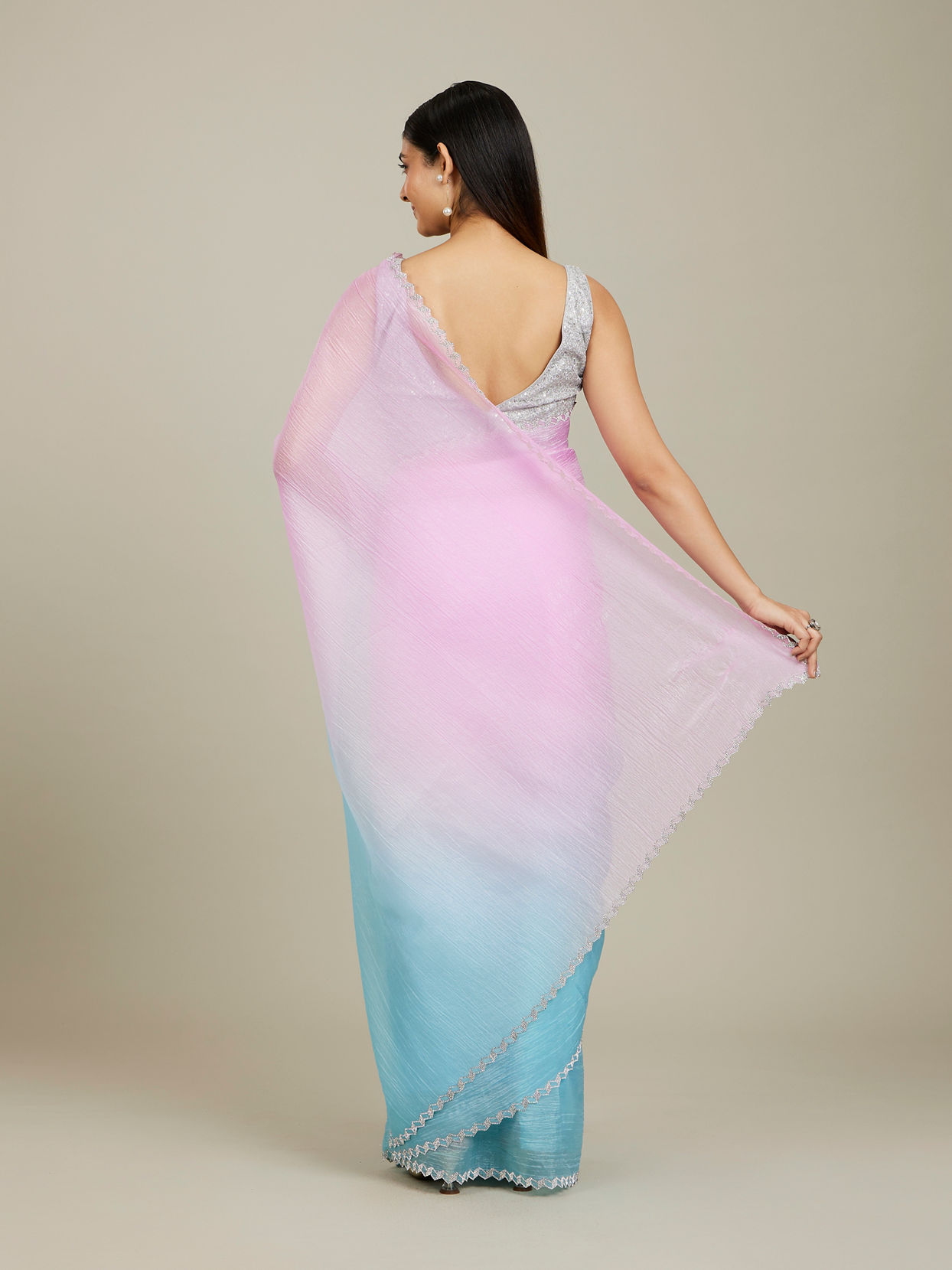 Mohey Women Enchanting Blue-Pink Organza Saree