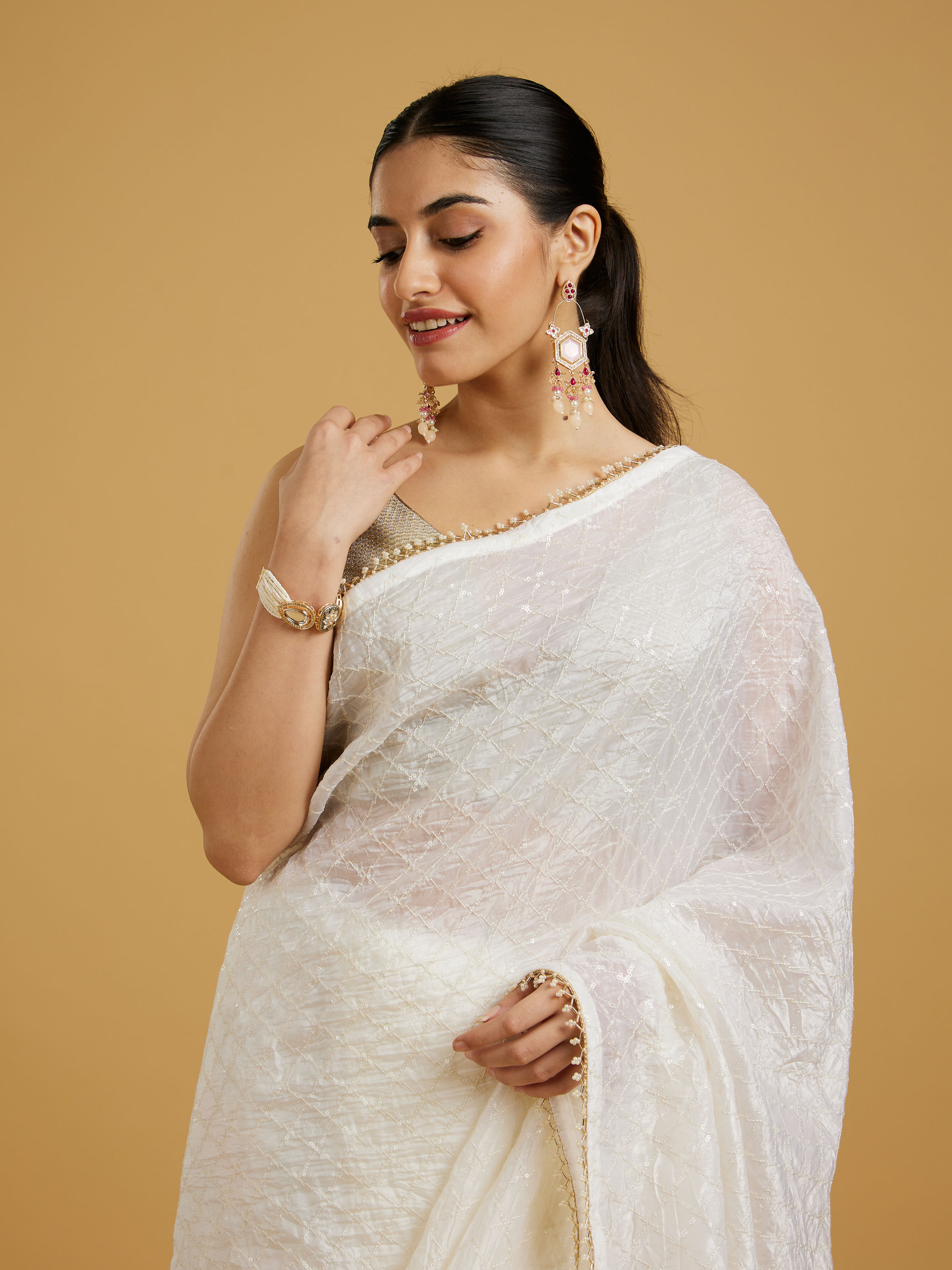 Mohey Women Ethereal Cream Organza Saree