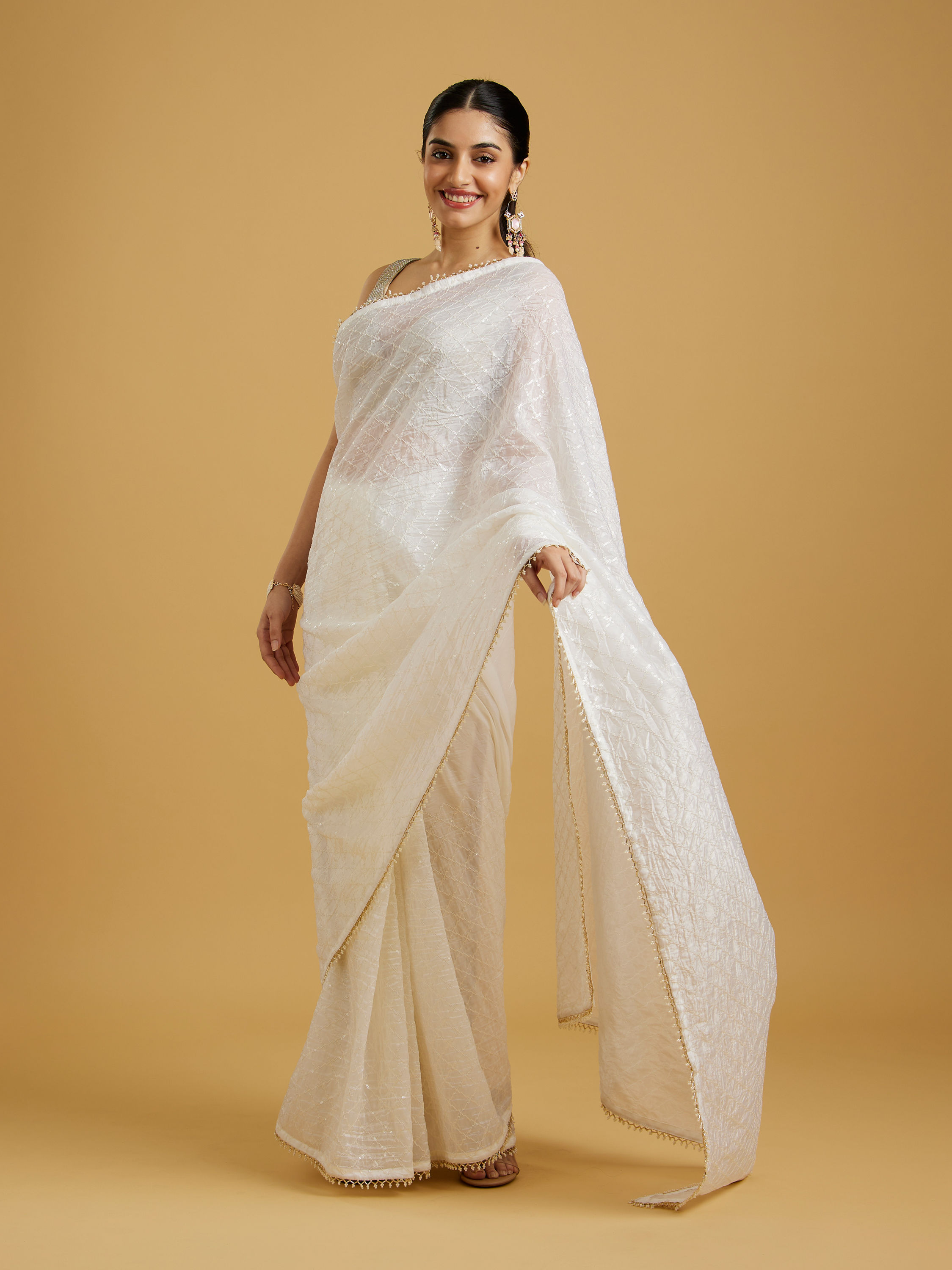 Mohey Women Ethereal Cream Organza Saree