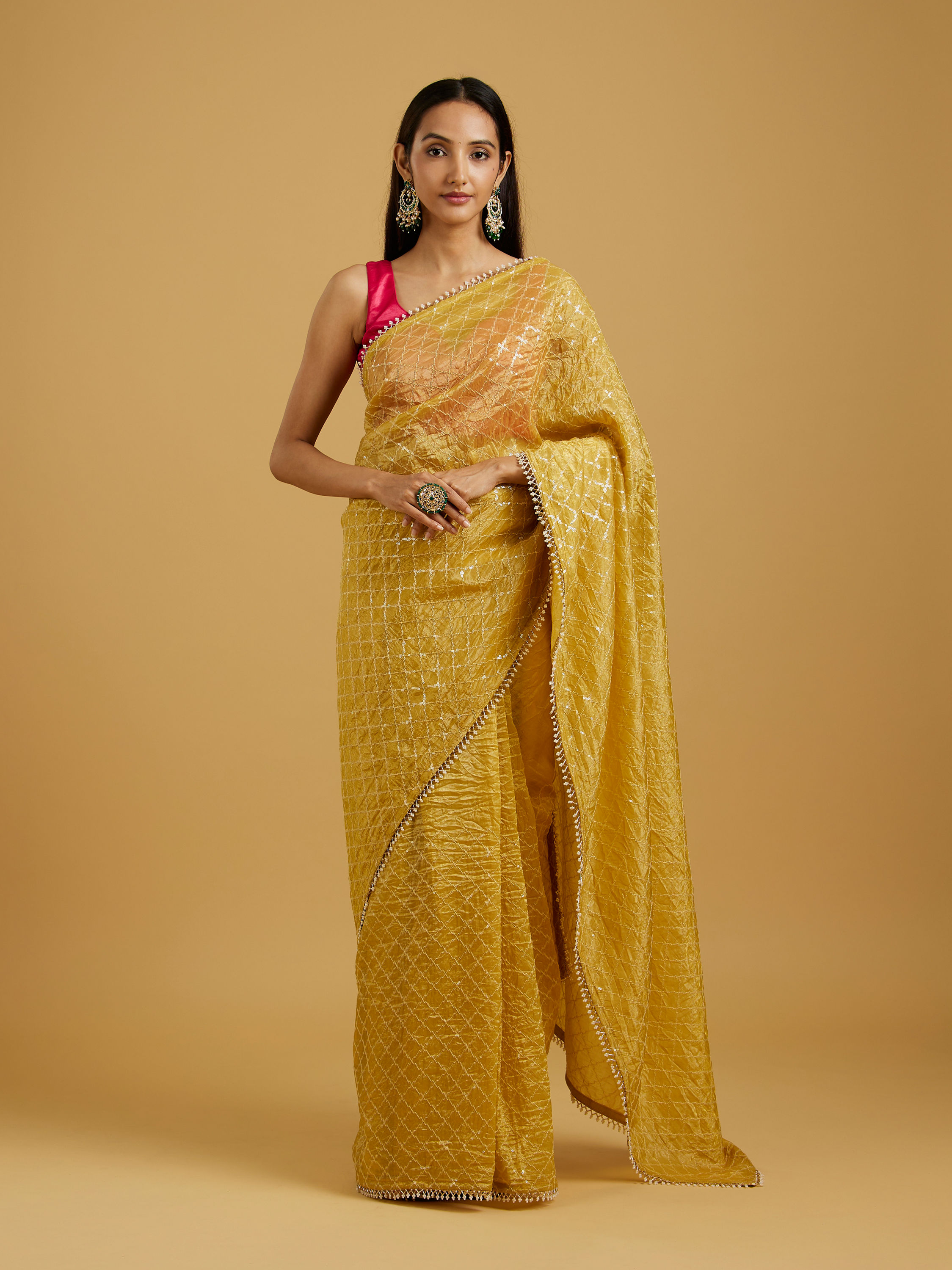 Mohey Women Glowing Sunshine Yellow Organza Saree