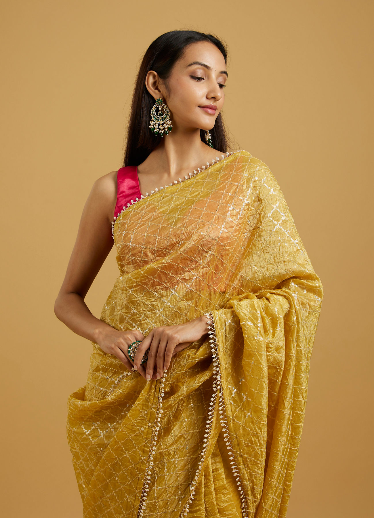 Mohey Women Glowing Sunshine Yellow Organza Saree