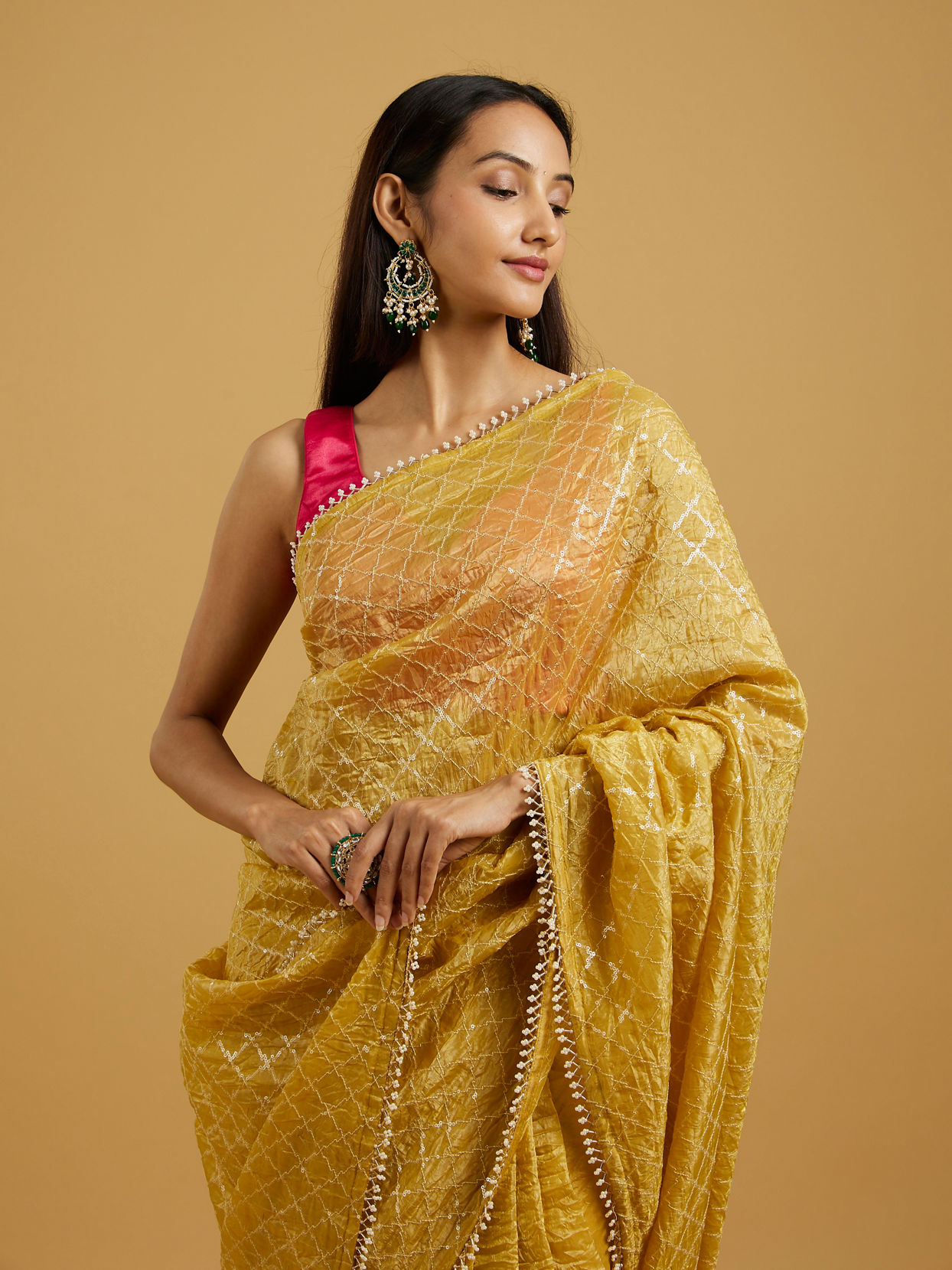 Mohey Women Glowing Sunshine Yellow Organza Saree image number 1