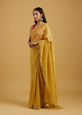 Mohey Women Glowing Sunshine Yellow Organza Saree image number 2