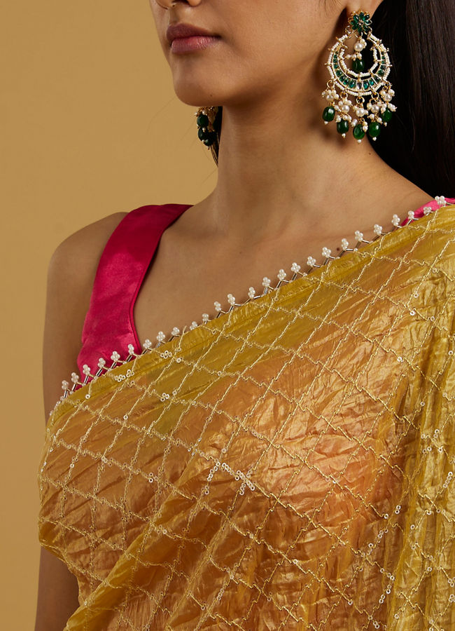 Mohey Women Glowing Sunshine Yellow Organza Saree image number 3