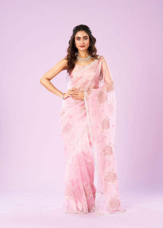 Mohey Women Effervescent Pink Organza Saree