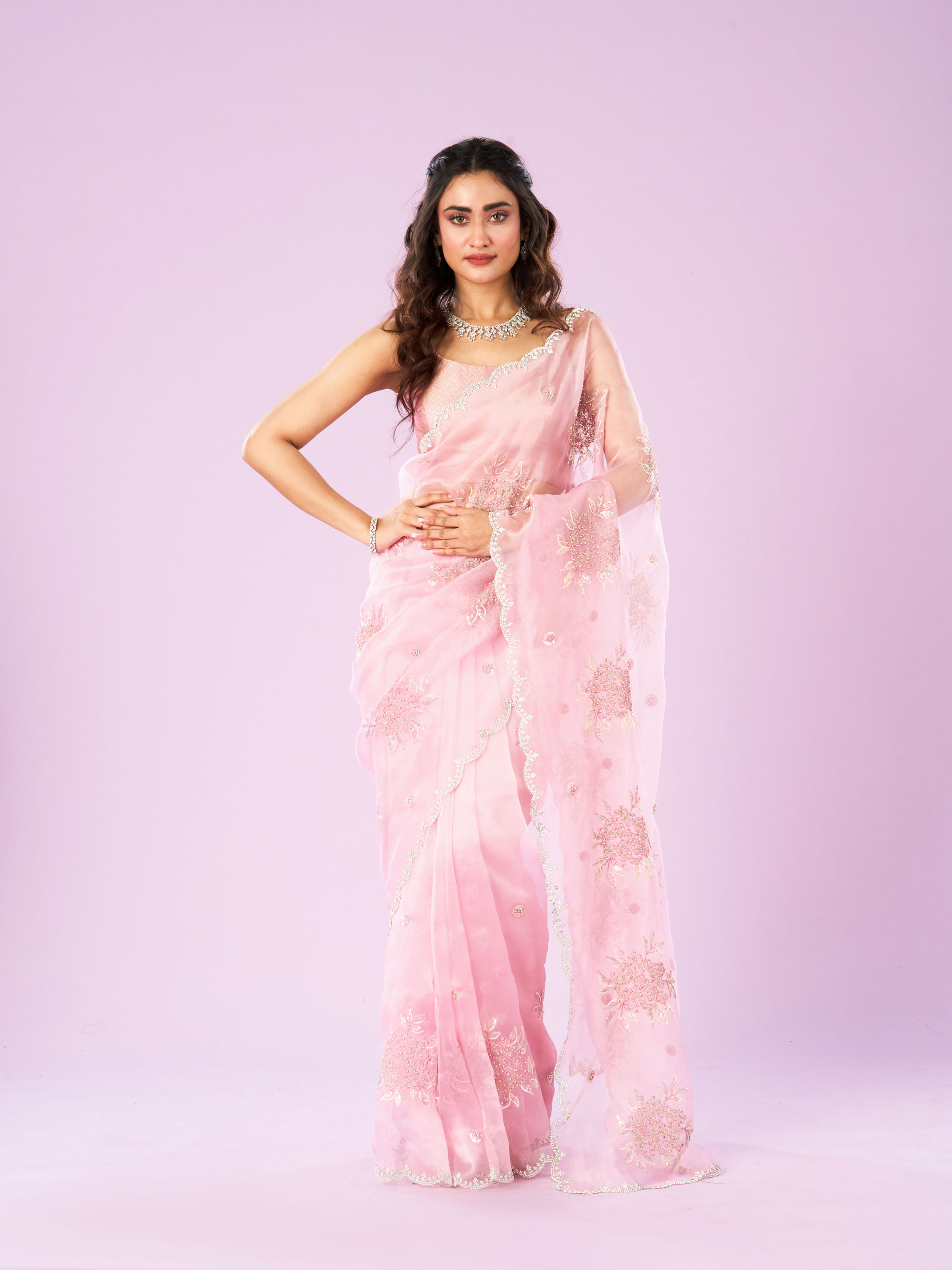 Mohey Women Effervescent Pink Organza Saree