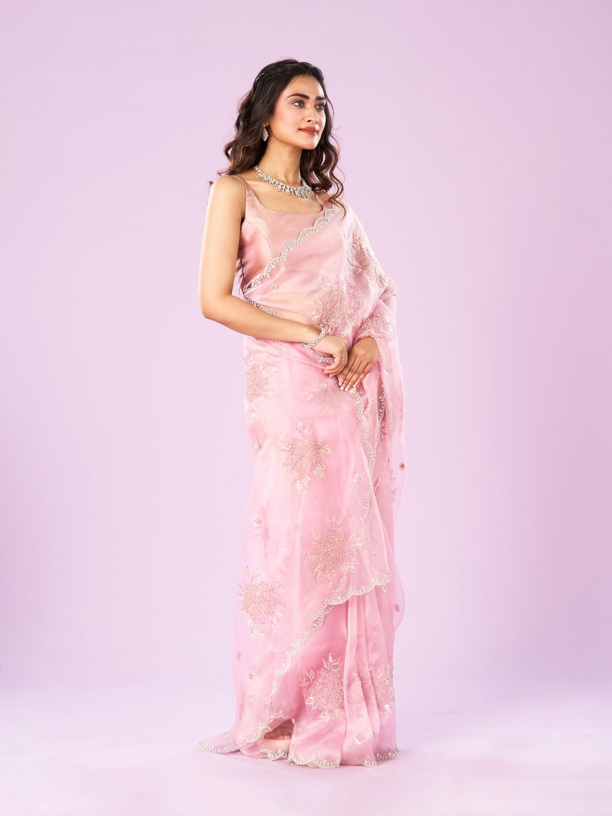 Mohey Women Effervescent Pink Organza Saree