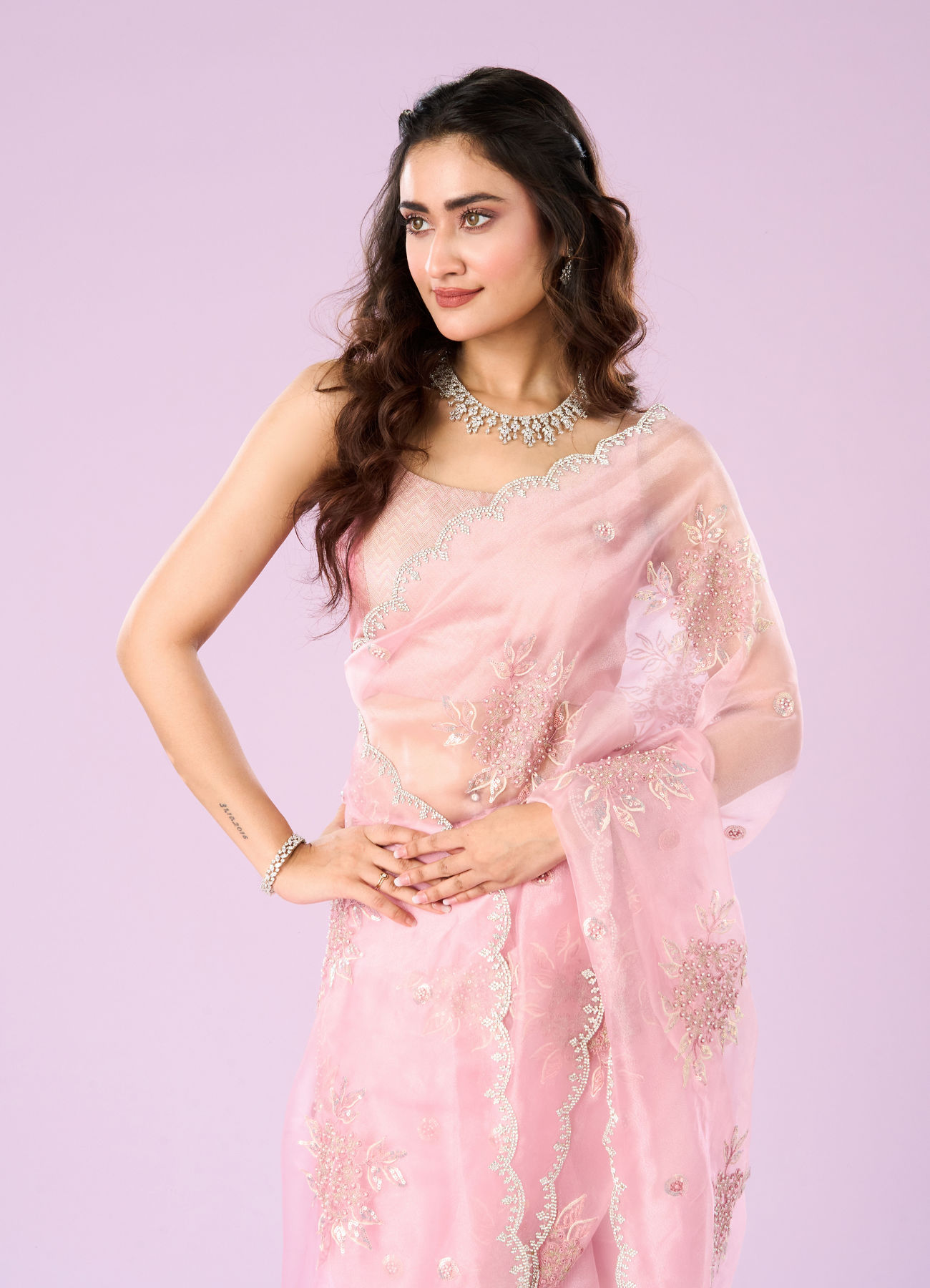 Mohey Women Effervescent Pink Organza Saree
