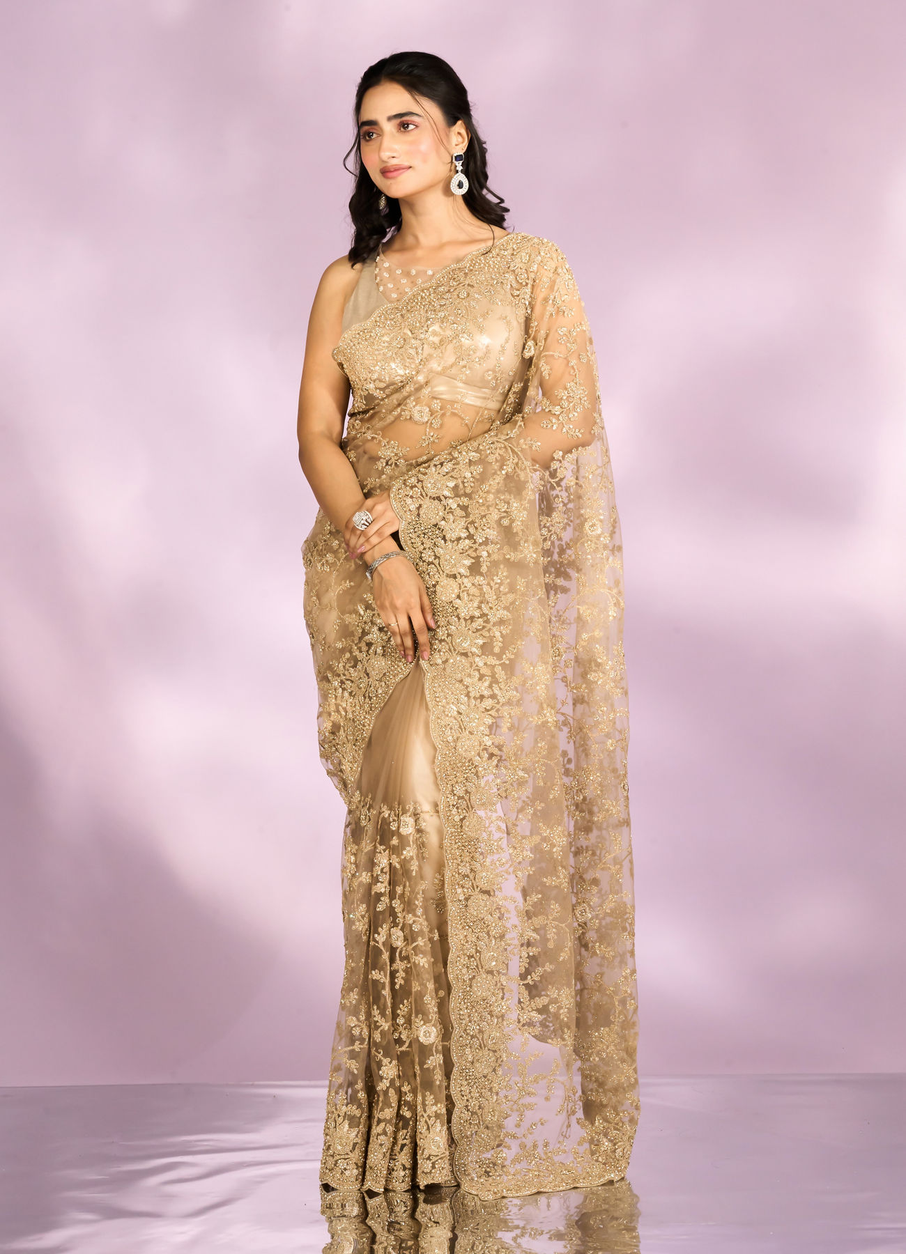 Mohey Women Beige Euphoria Net Saree