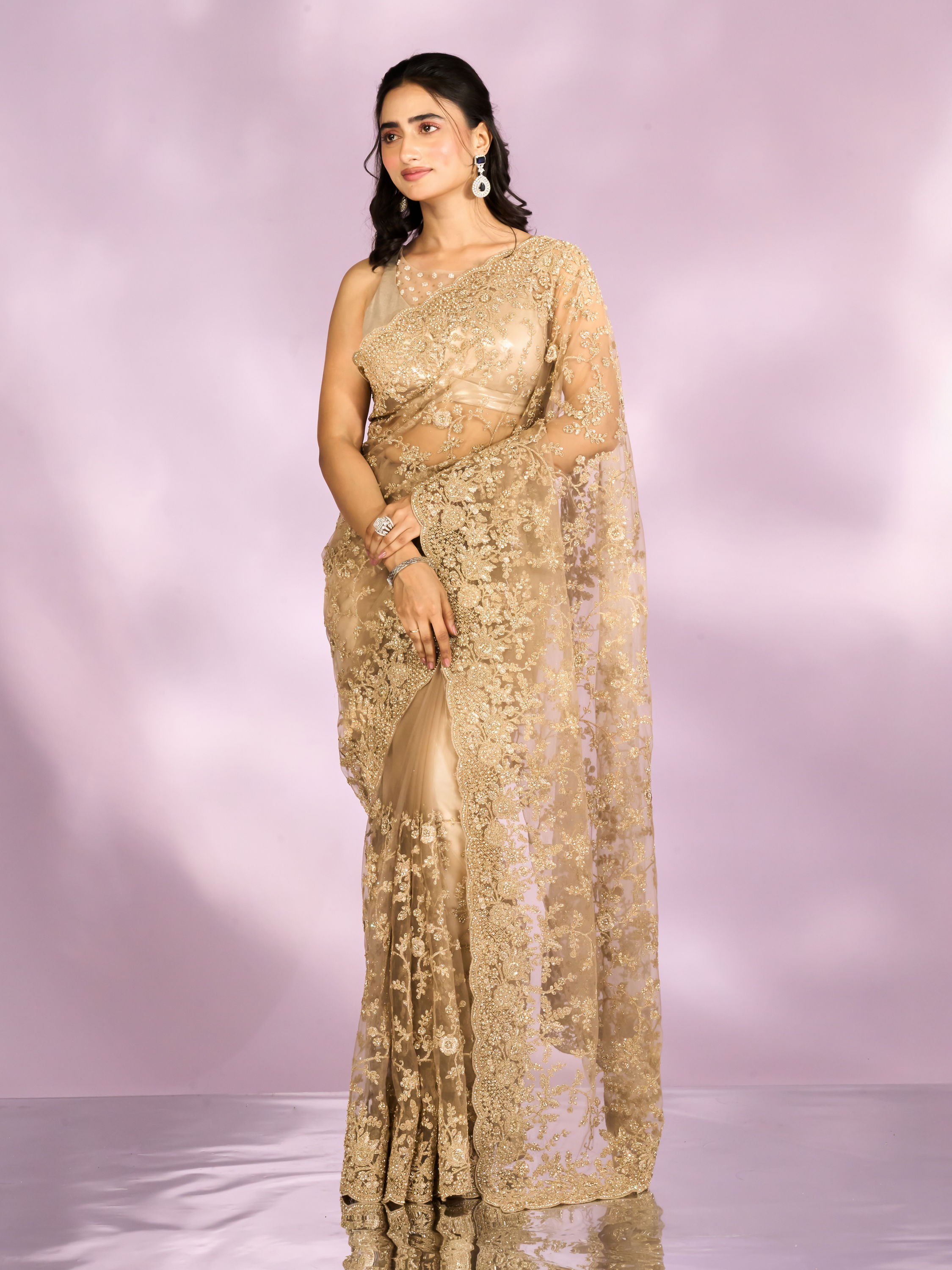 Mohey Women Beige Euphoria Net Saree