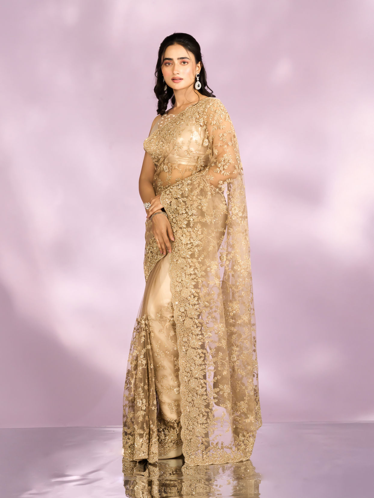 Mohey Women Beige Euphoria Net Saree