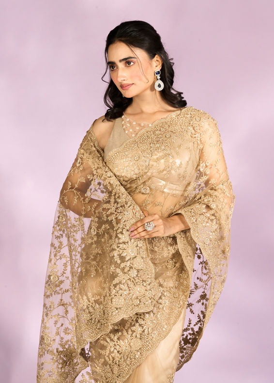 Mohey Women Beige Euphoria Net Saree