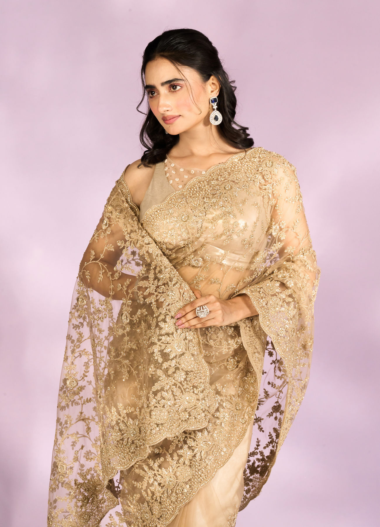 Mohey Women Beige Euphoria Net Saree